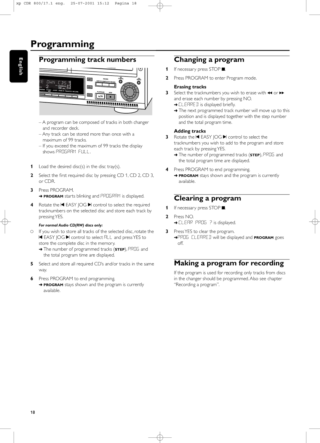 Philips CDR800 manual Programming track numbers, Changing a program, Clearing a program, Making a program for recording 