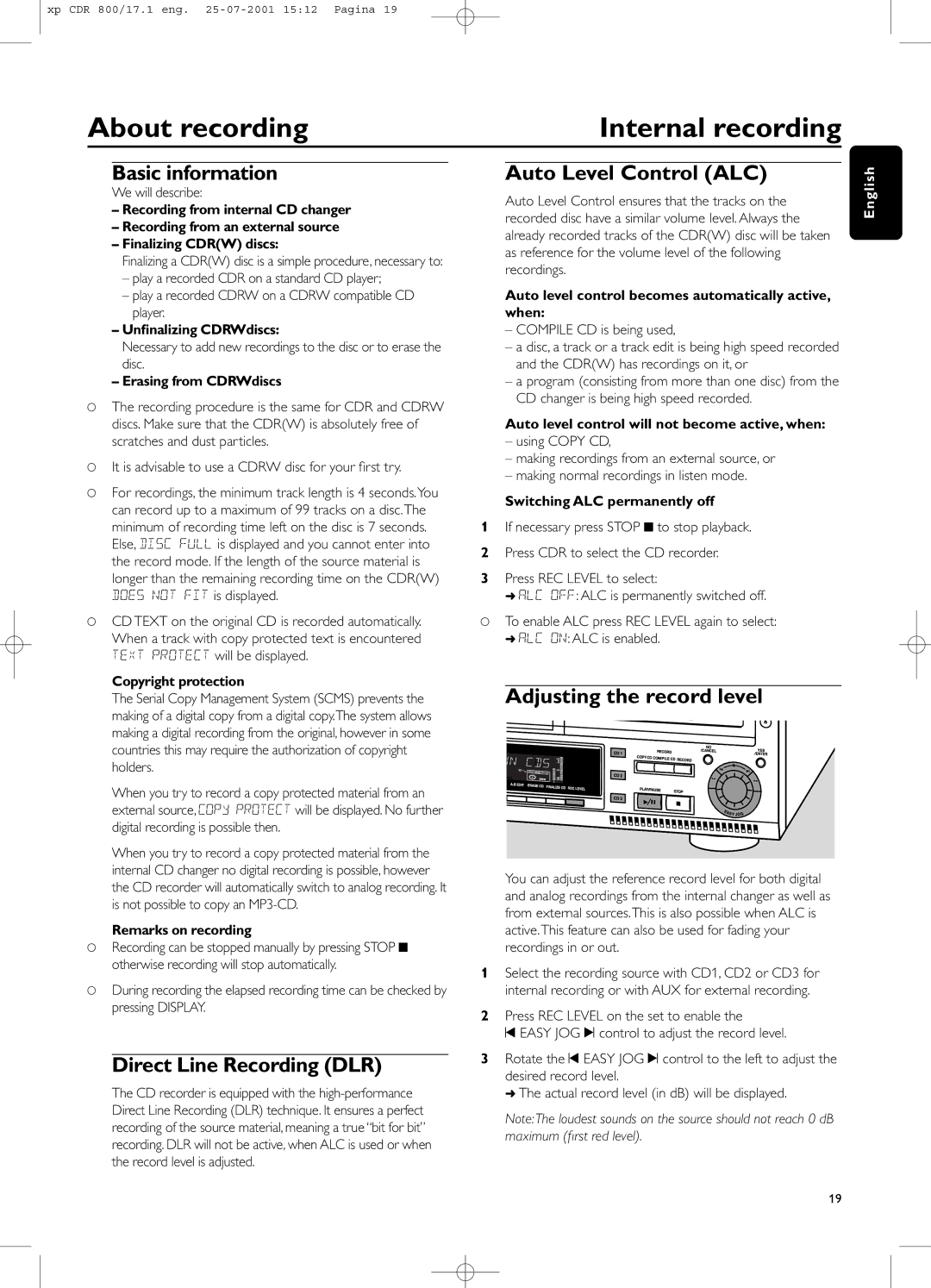 Philips CDR800 manual About recording, Basic information, Direct Line Recording DLR, Auto Level Control ALC 