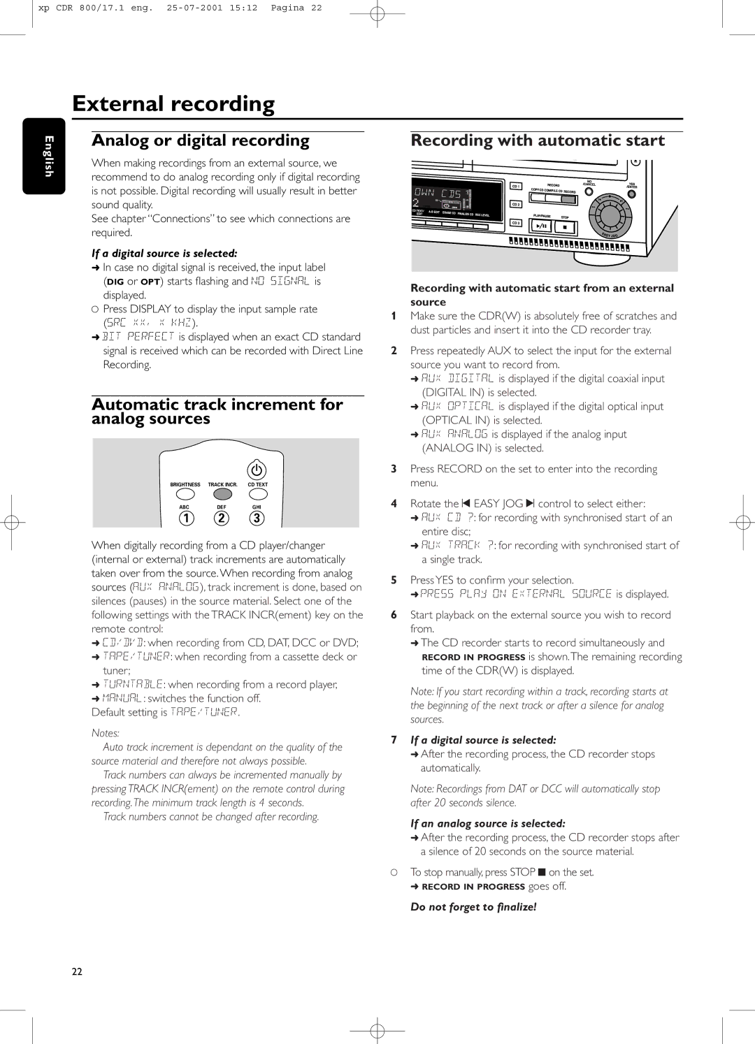 Philips CDR800 manual External recording, Analog or digital recording Recording with automatic start 