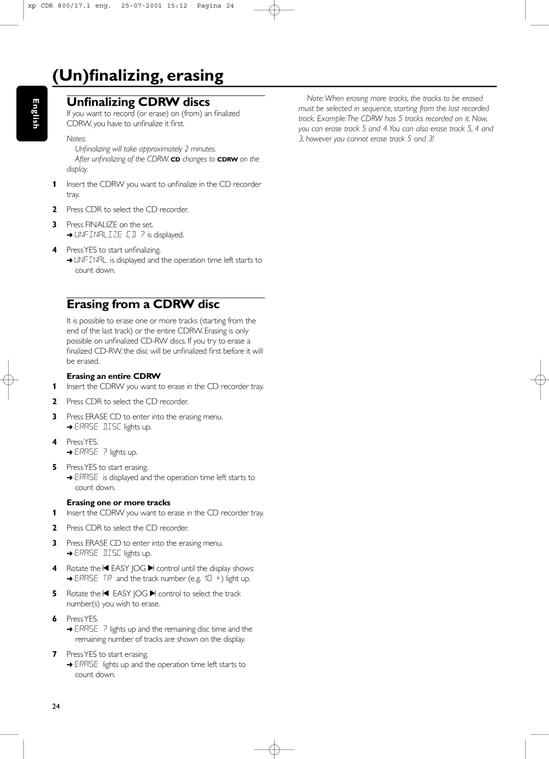 Philips CDR800 manual Unﬁnalizing, erasing, Unﬁnalizing Cdrw discs, Erasing from a Cdrw disc, Erasing an entire Cdrw 