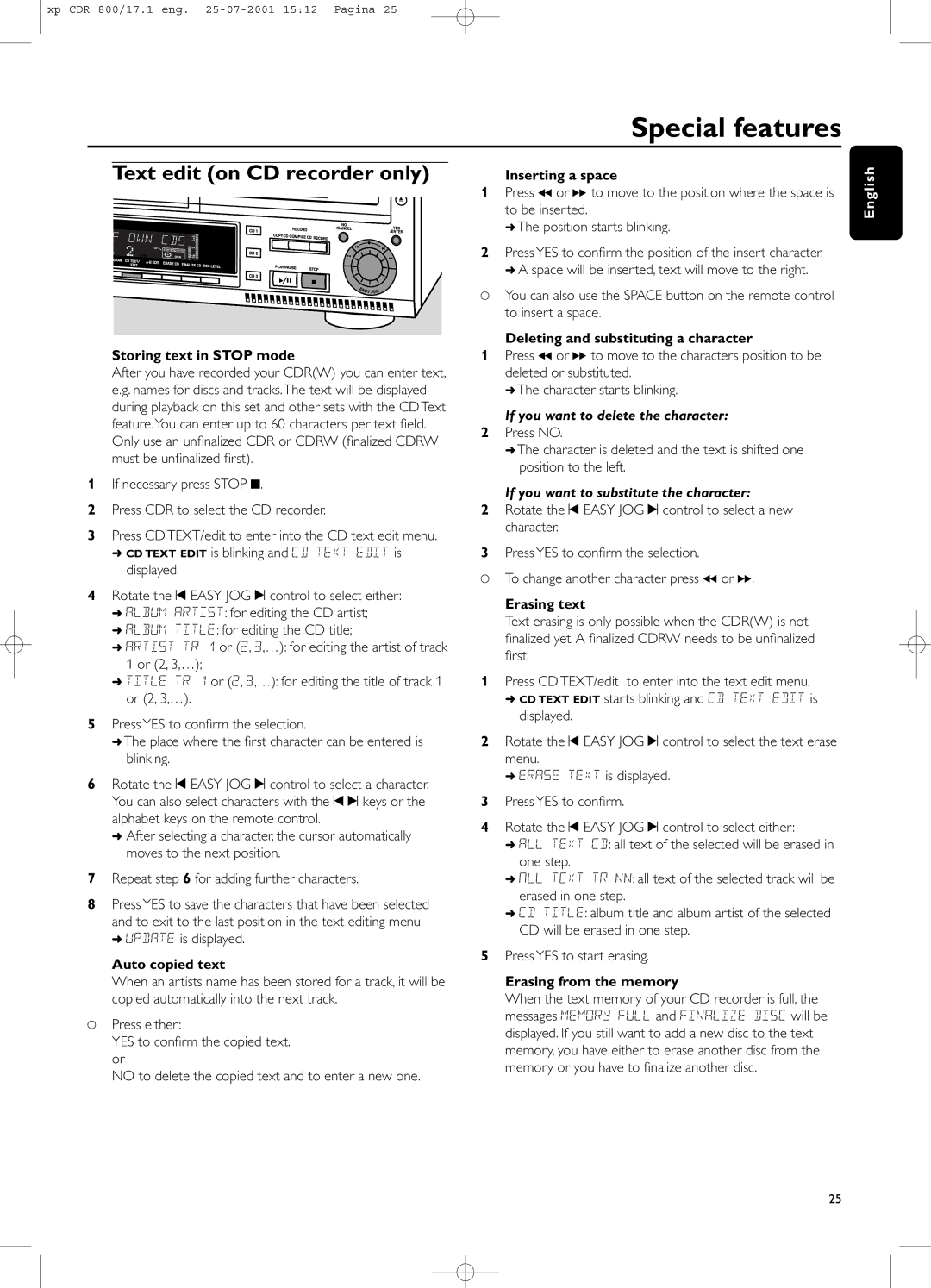 Philips CDR800 manual Special features, Text edit on CD recorder only, If you want to delete the character 