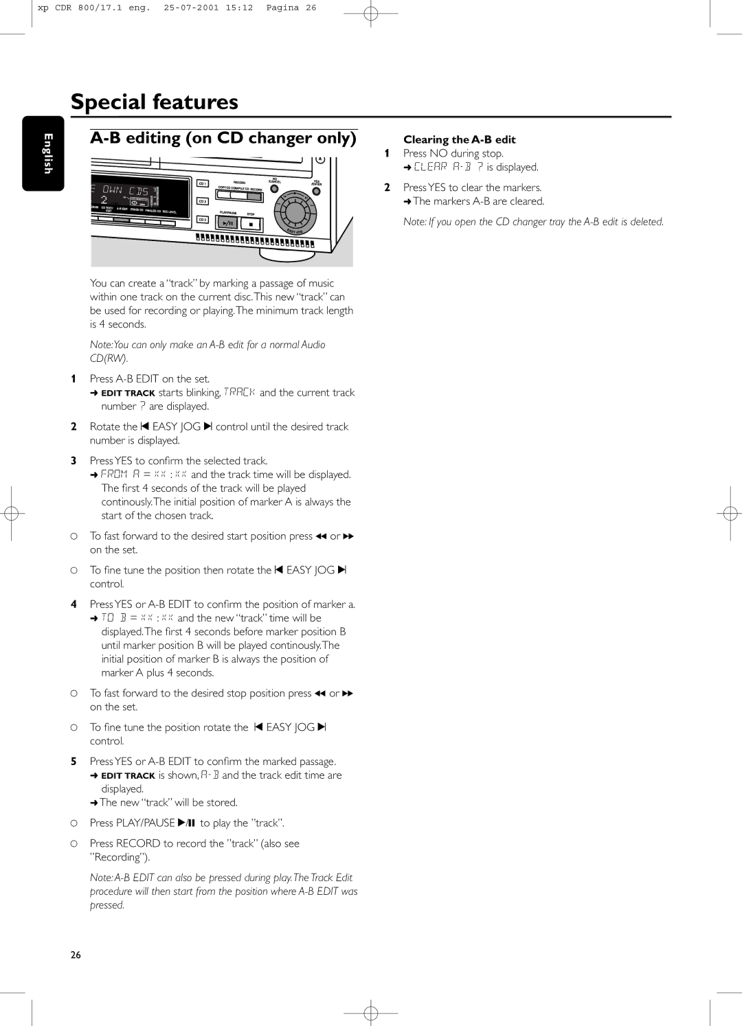 Philips CDR800 manual Editing on CD changer only, Clearing the A-B edit 