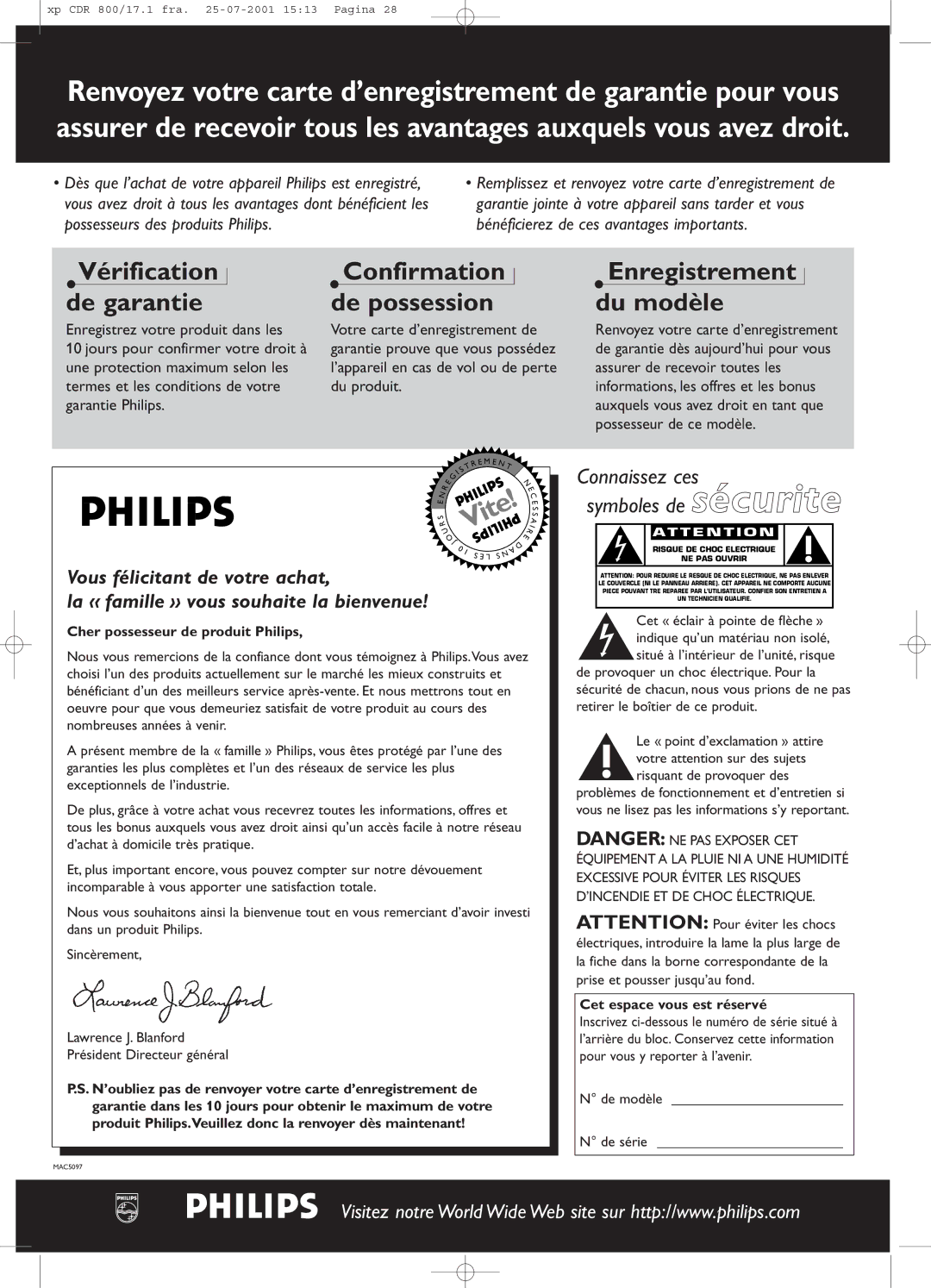 Philips CDR800 manual Cher possesseur de produit Philips, Cet espace vous est réservé 