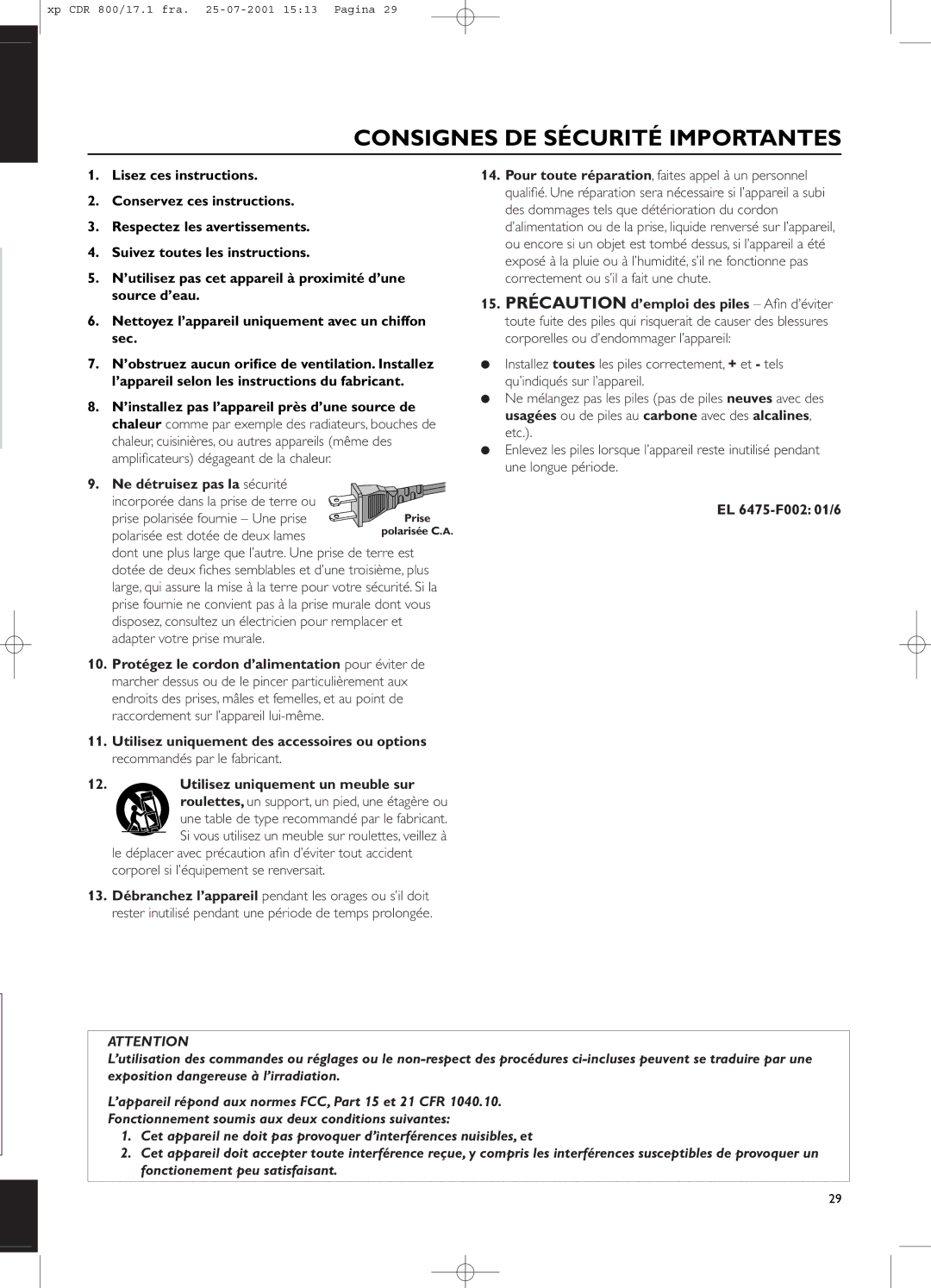 Philips CDR800 manual Consignes DE Sécurité Importantes, EL 6475-F002 01/6 