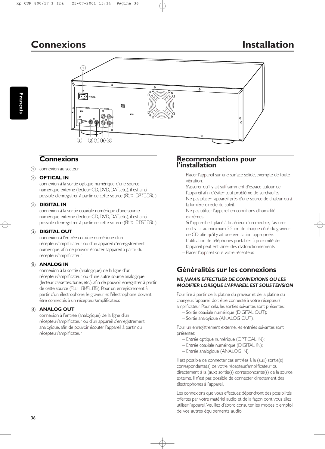 Philips CDR800 manual Connexions, Recommandations pour l’installation, Généralités sur les connexions 