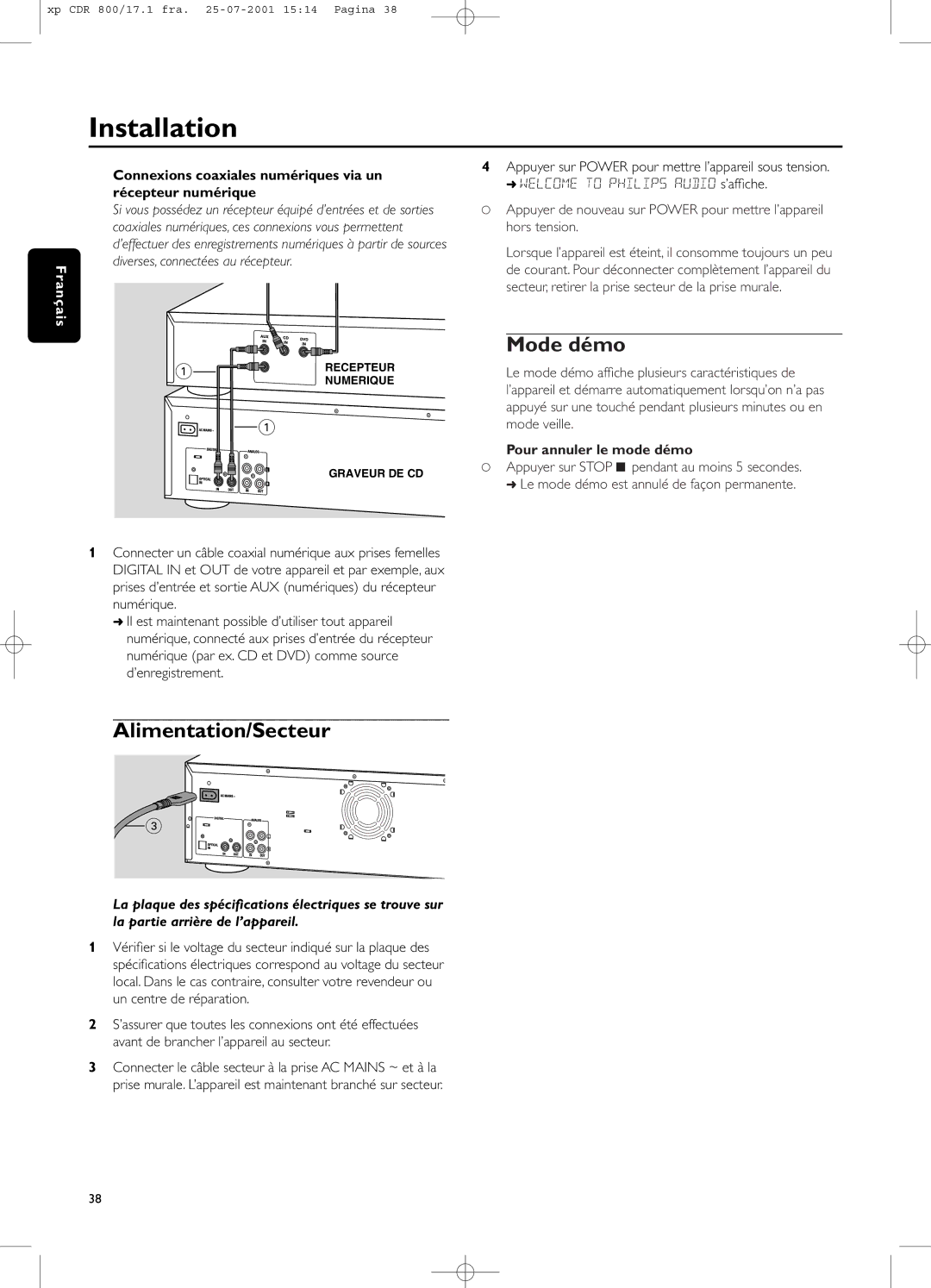 Philips CDR800 manual Mode démo, Alimentation/Secteur, Connexions coaxiales numériques via un récepteur numérique 