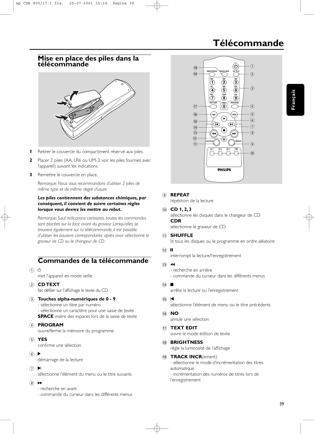 Philips CDR800 Télécommande, Mise en place des piles dans la télécommande, Commandes de la télécommande, CD Text, Repeat 