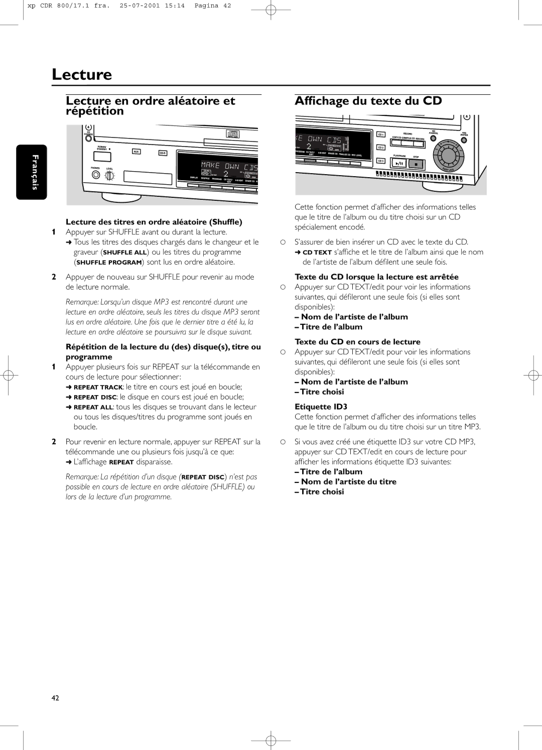 Philips CDR800 Lecture des titres en ordre aléatoire Shufﬂe, Répétition de la lecture du des disques, titre ou programme 