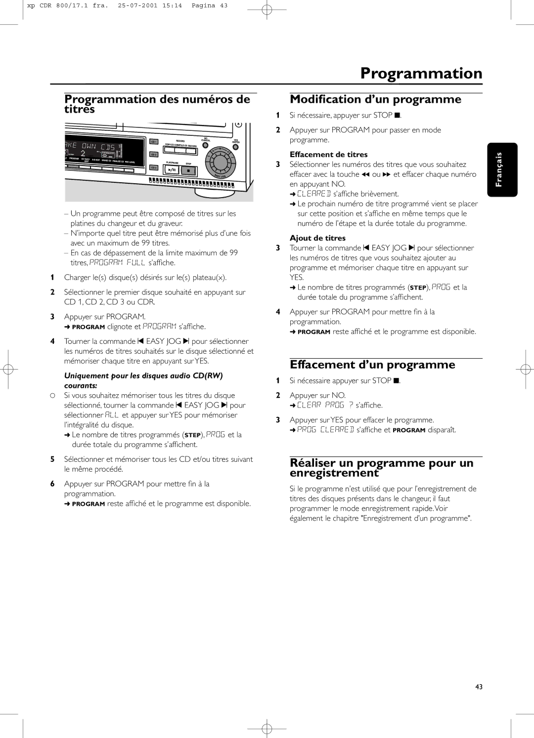 Philips CDR800 manual Programmation des numéros de titres, Modiﬁcation d’un programme, Effacement d’un programme 