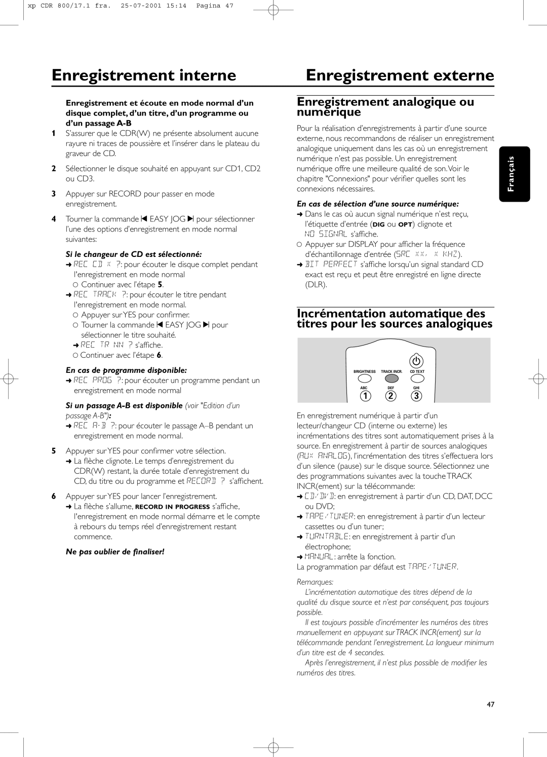 Philips CDR800 manual Enregistrement analogique ou numérique, Si le changeur de CD est sélectionné 