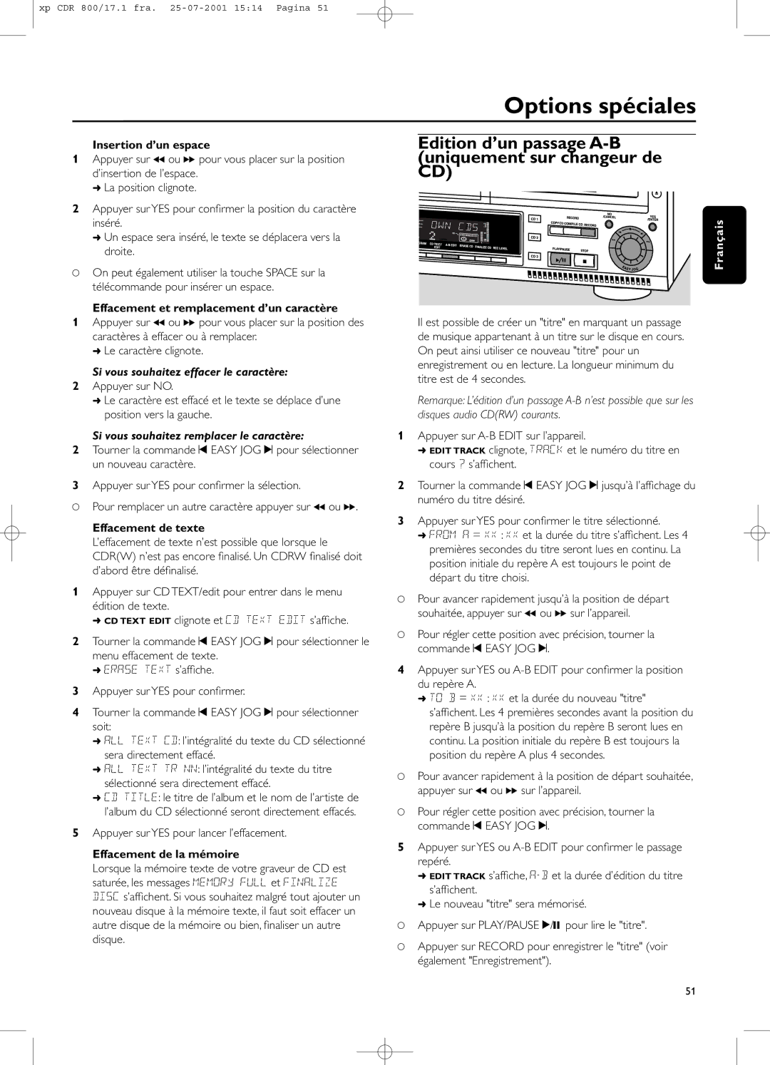 Philips CDR800 manual Options spéciales, Edition d’un passage A-B uniquement sur changeur de CD 