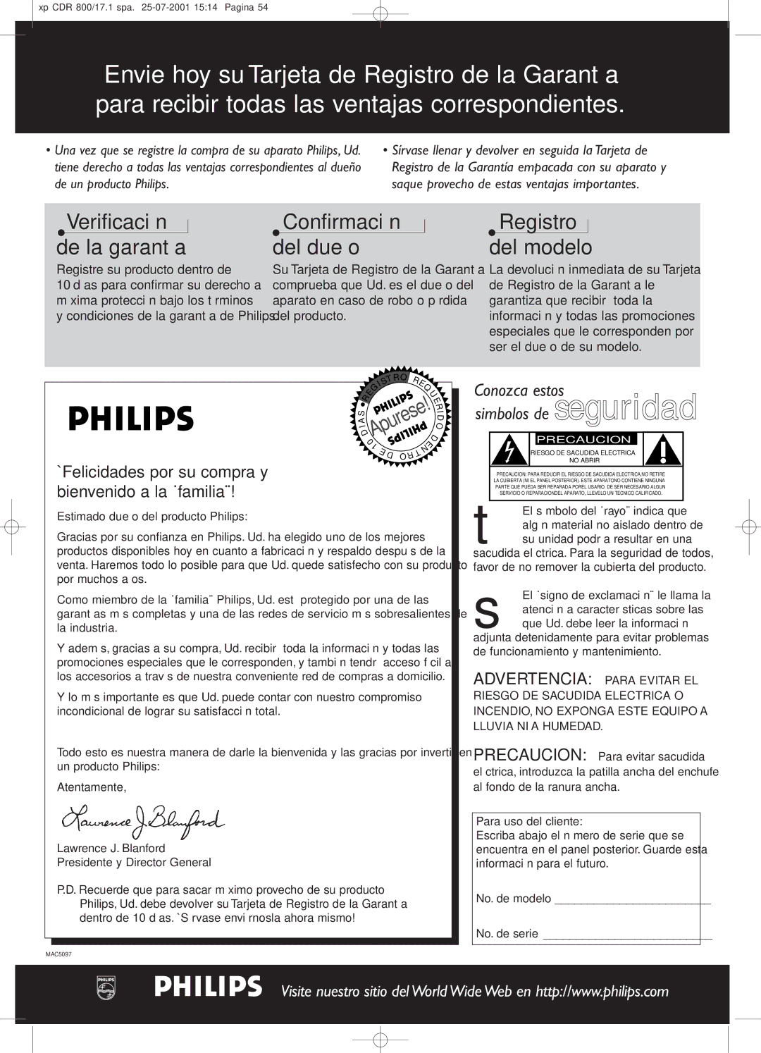 Philips CDR800 manual Estimado dueño del producto Philips, Para uso del cliente 