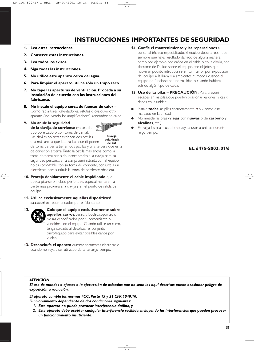 Philips CDR800 manual No anule la seguridad De la clavija de corriente ya sea de, Tipo polarizado o con toma de tierra 