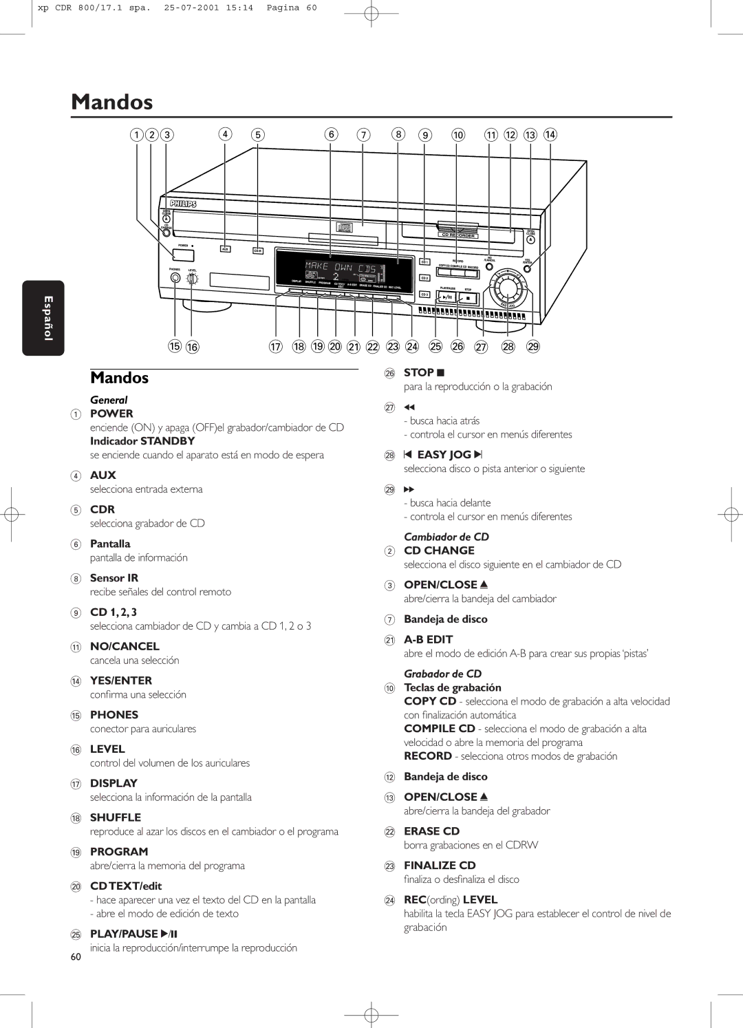 Philips CDR800 manual Mandos, Cambiador de CD, Grabador de CD, £ Finalize CD 