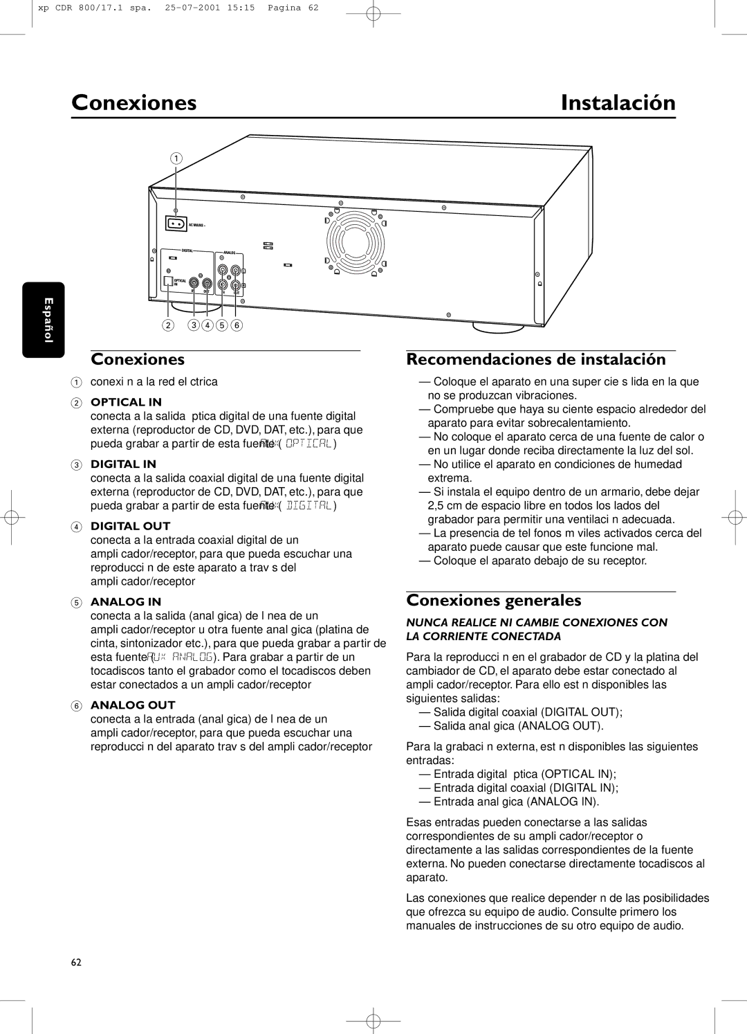 Philips CDR800 manual Recomendaciones de instalación, Conexiones generales 