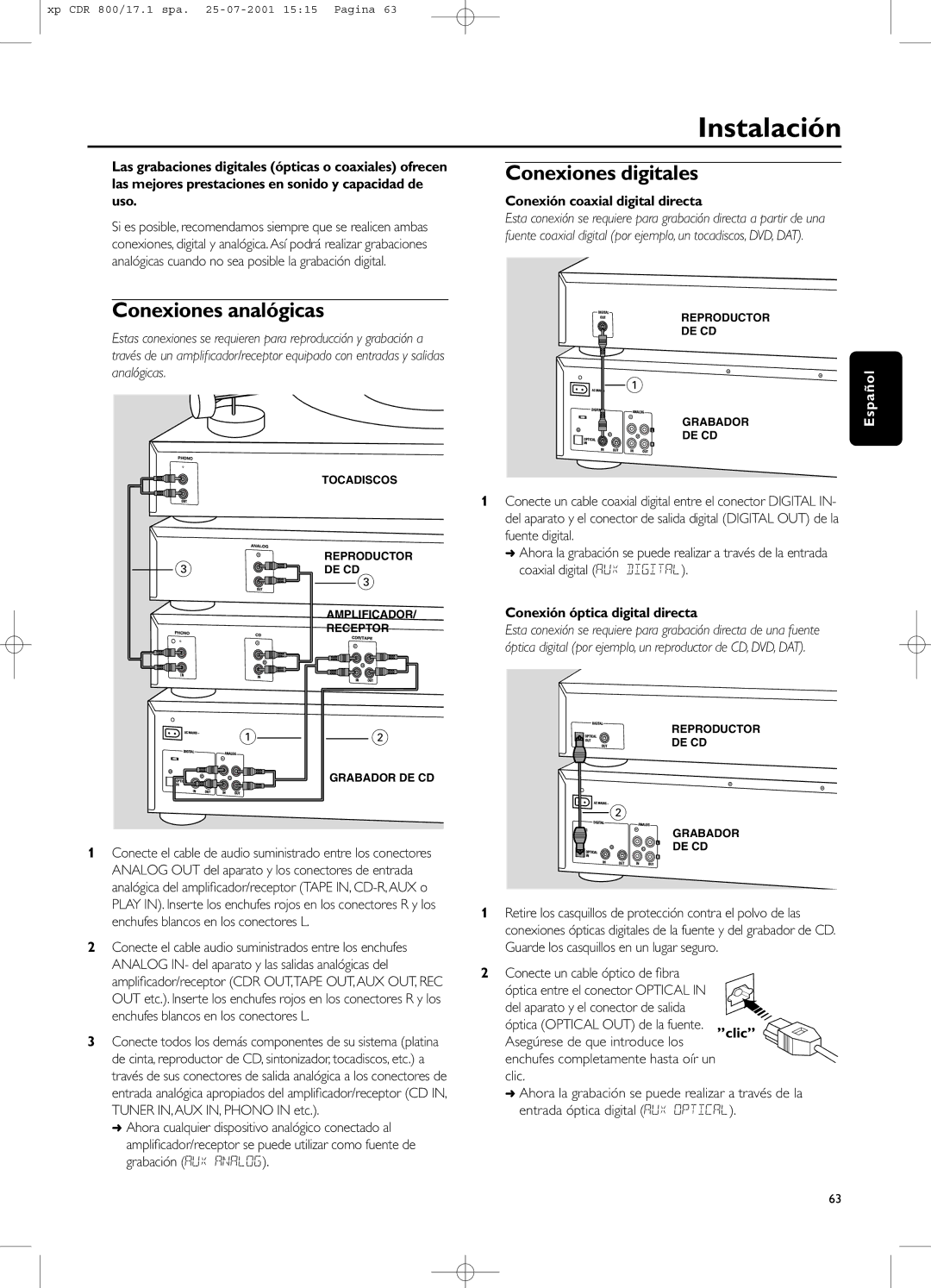 Philips CDR800 manual Instalación, Conexiones analógicas, Conexiones digitales, Conexión coaxial digital directa 