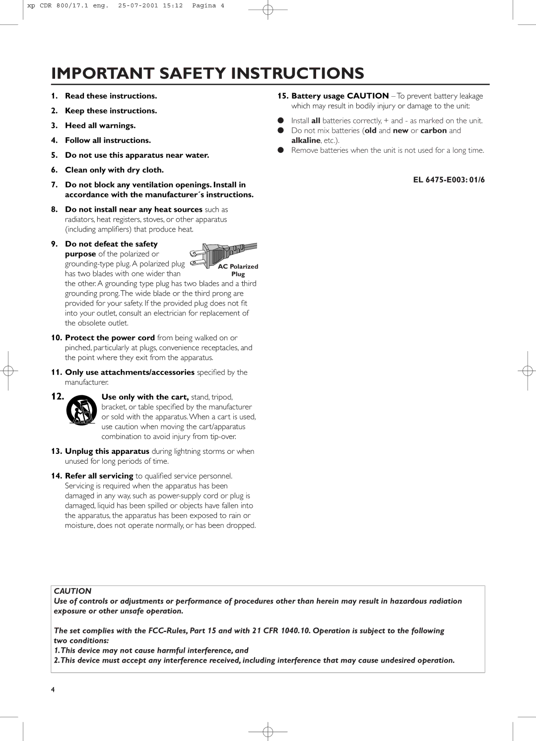 Philips CDR800 manual Important Safety Instructions, EL 6475-E003 01/6 