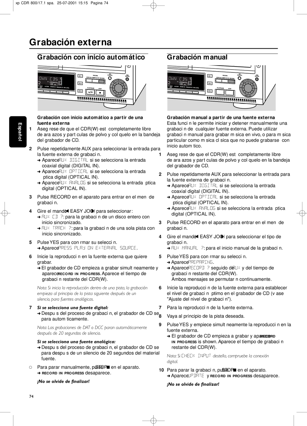 Philips CDR800 Grabación externa, Grabación con inicio automático Grabación manual, Si se selecciona una fuente analógica 