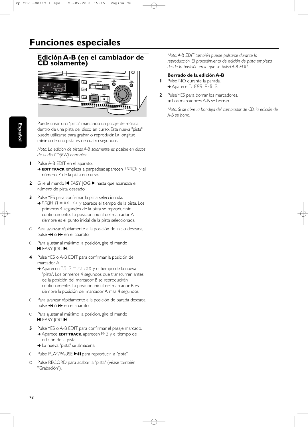 Philips CDR800 manual Edición A-B en el cambiador de CD solamente, Borrado de la edición A-B 