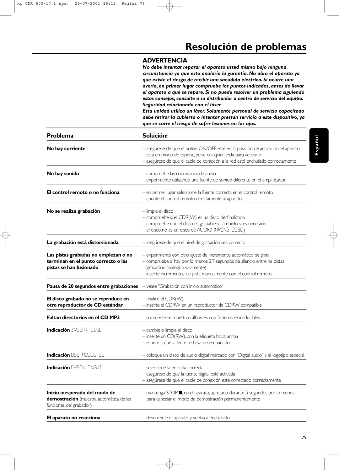 Philips CDR800 manual Resolución de problemas, Seguridad relacionada con el láser 