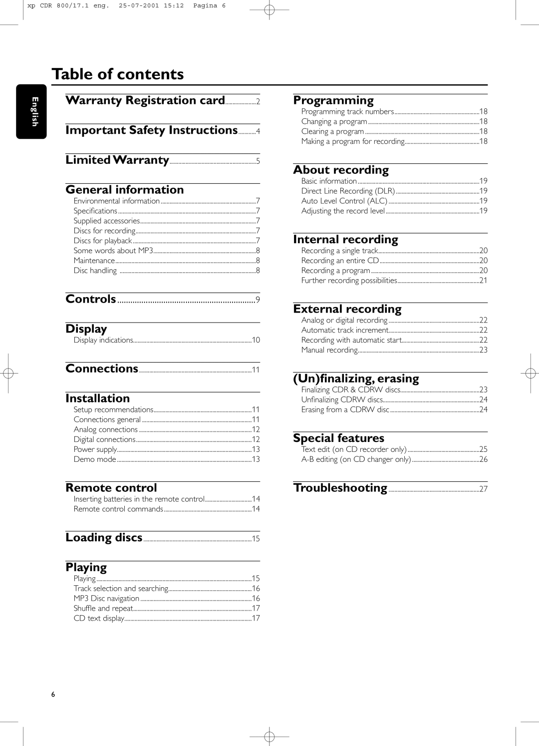 Philips CDR800 manual Table of contents 