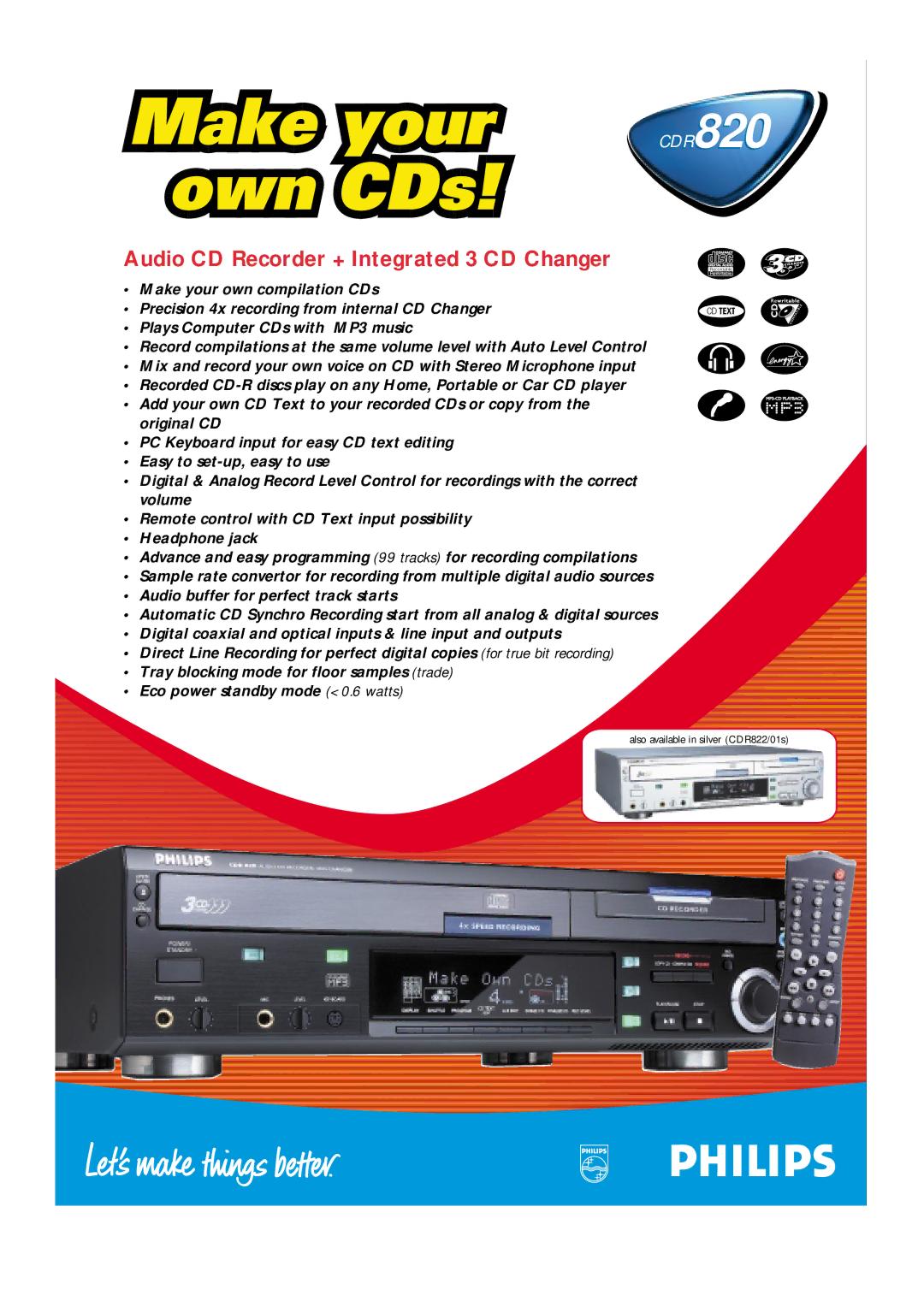 Philips CDR820 manual Audio CD Recorder + Integrated 3 CD Changer 