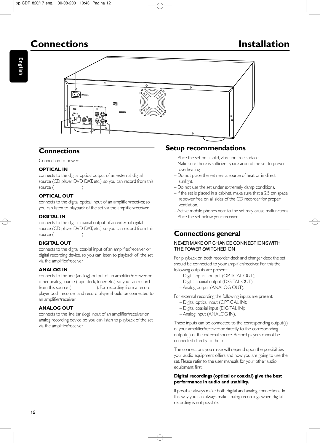 Philips CDR820/17 manual Setup recommendations, Connections general 