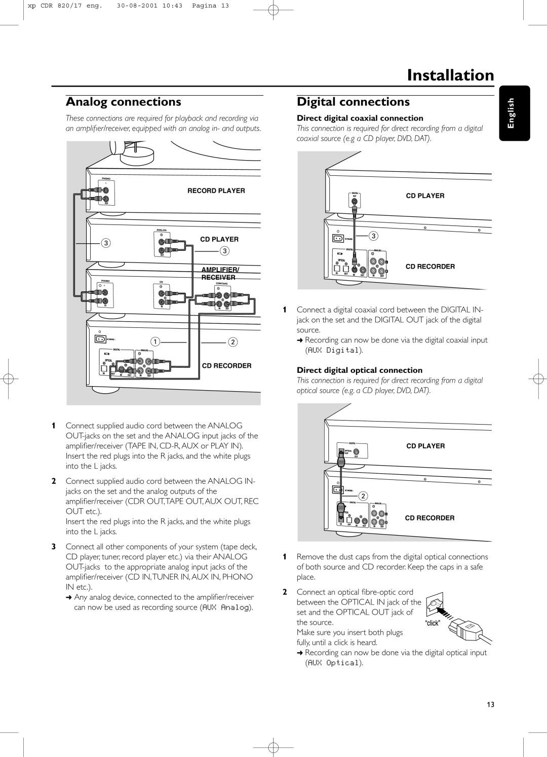 Philips CDR820/17 manual Direct digital coaxial connection, Direct digital optical connection 