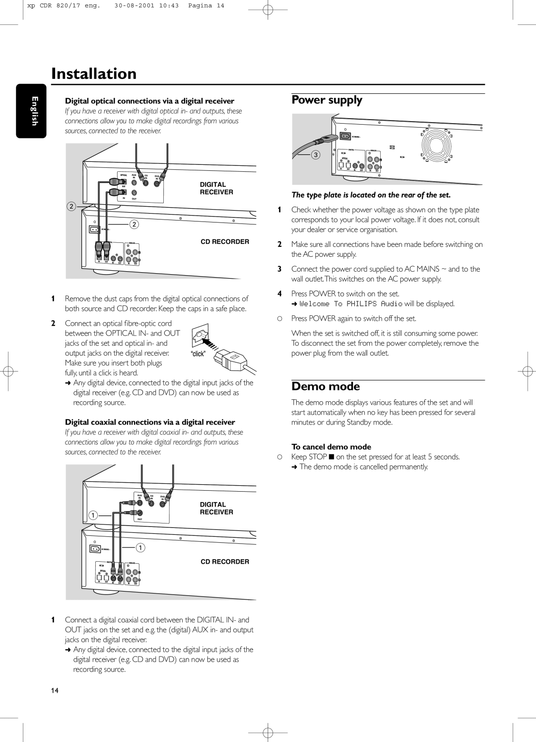 Philips CDR820/17 manual Installation, Power supply, Demo mode, Type plate is located on the rear of the set 