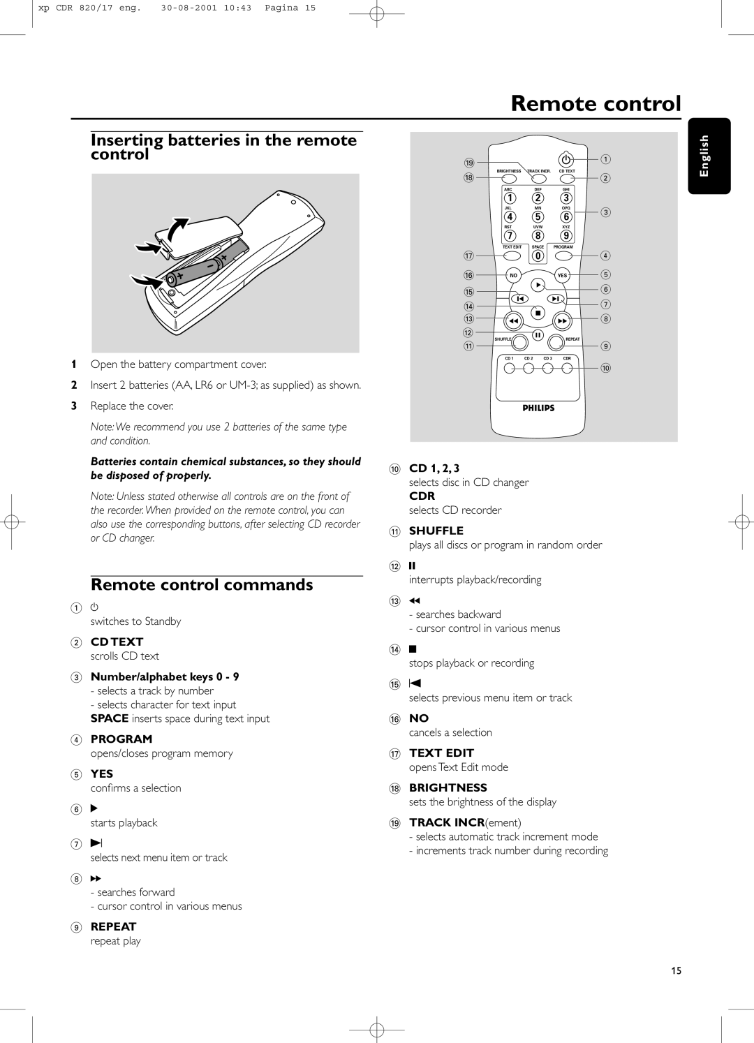 Philips CDR820/17 manual Inserting batteries in the remote control, Remote control commands 