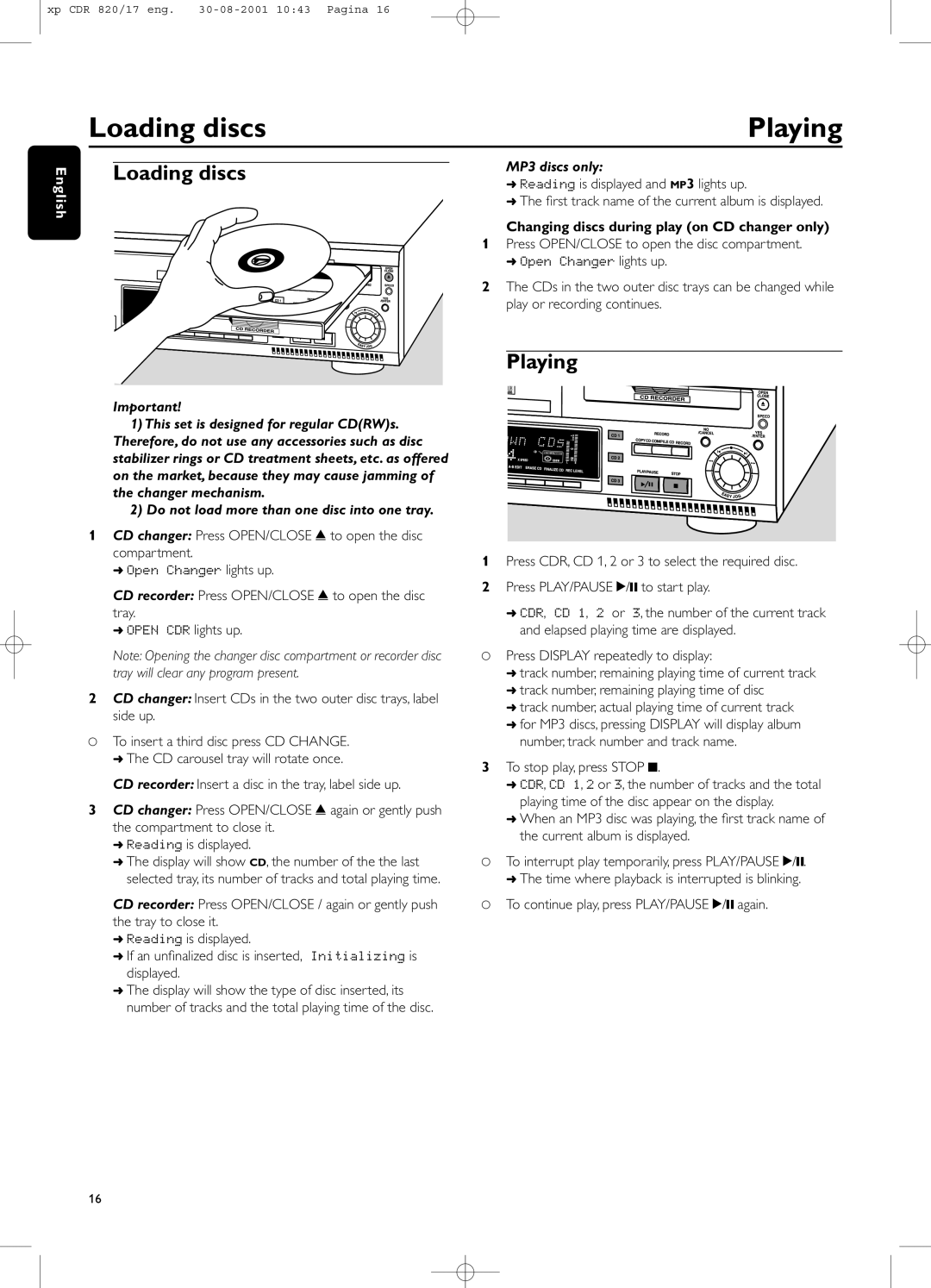 Philips CDR820/17 manual Loading discs, Playing, MP3 discs only, Changing discs during play on CD changer only 