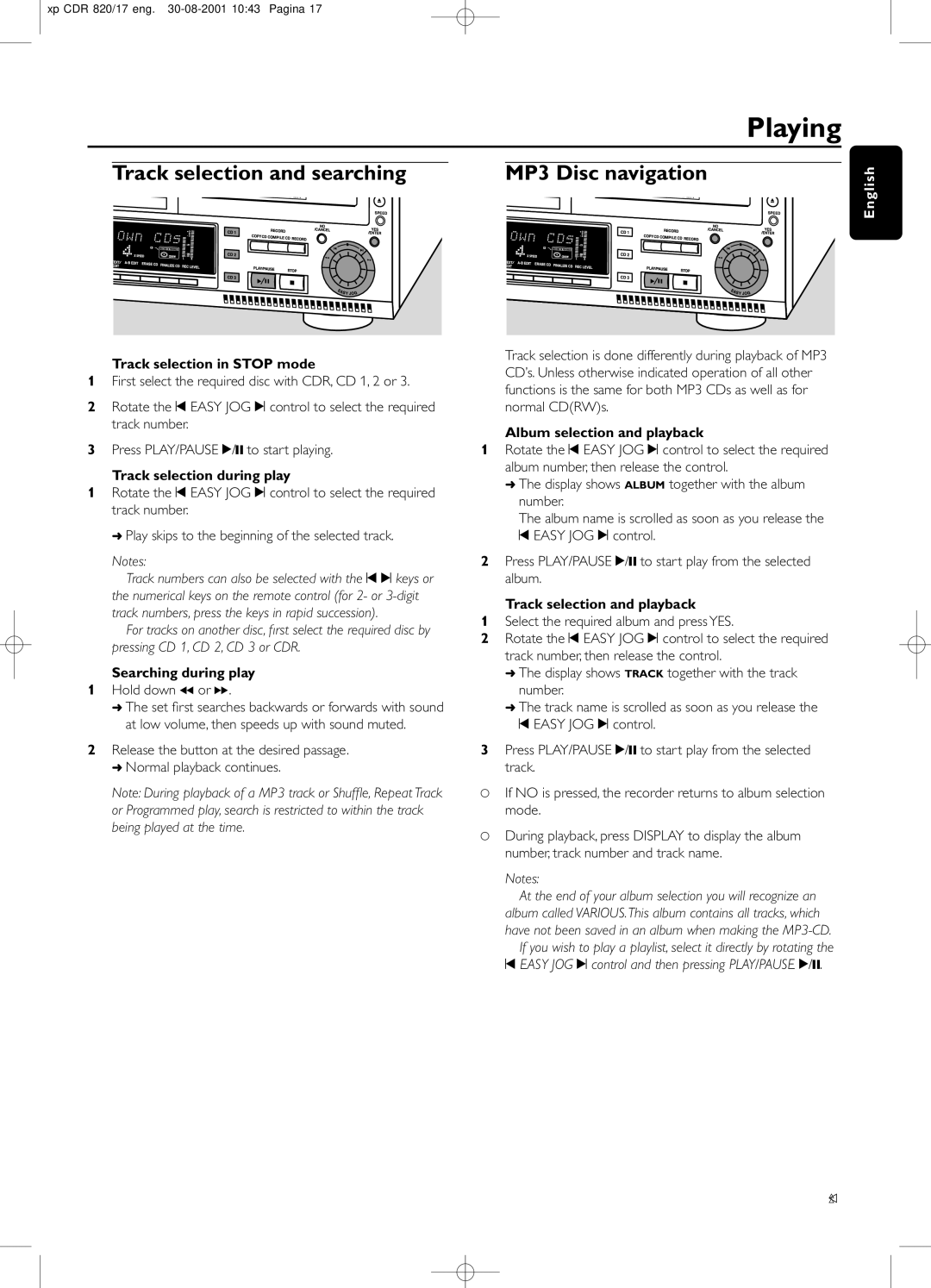 Philips CDR820/17 manual Playing, Track selection and searching 