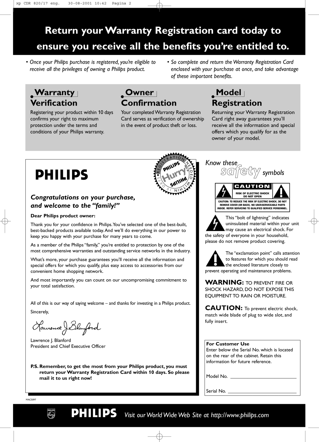 Philips CDR820/17 manual Dear Philips product owner, For Customer Use 