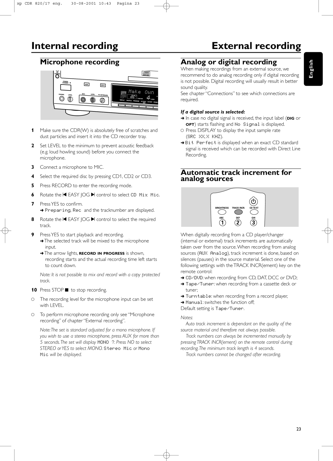 Philips CDR820/17 manual Microphone recording Analog or digital recording, Automatic track increment for analog sources 