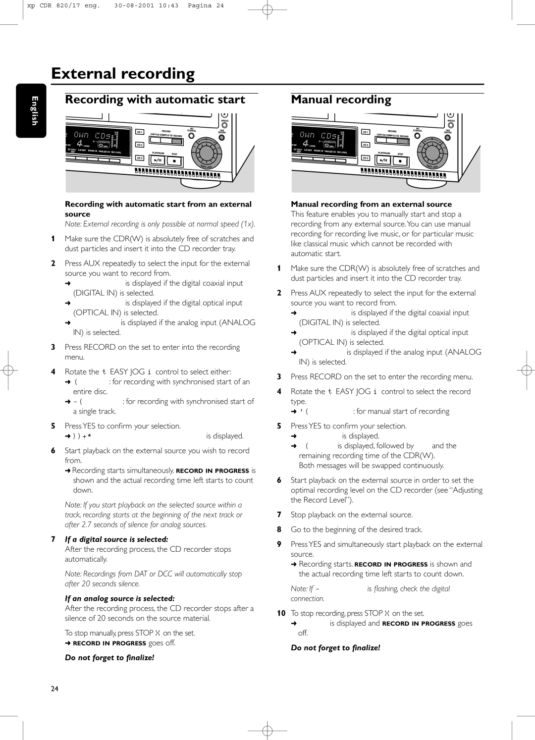 Philips CDR820/17 manual External recording, Recording with automatic start, If an analog source is selected 