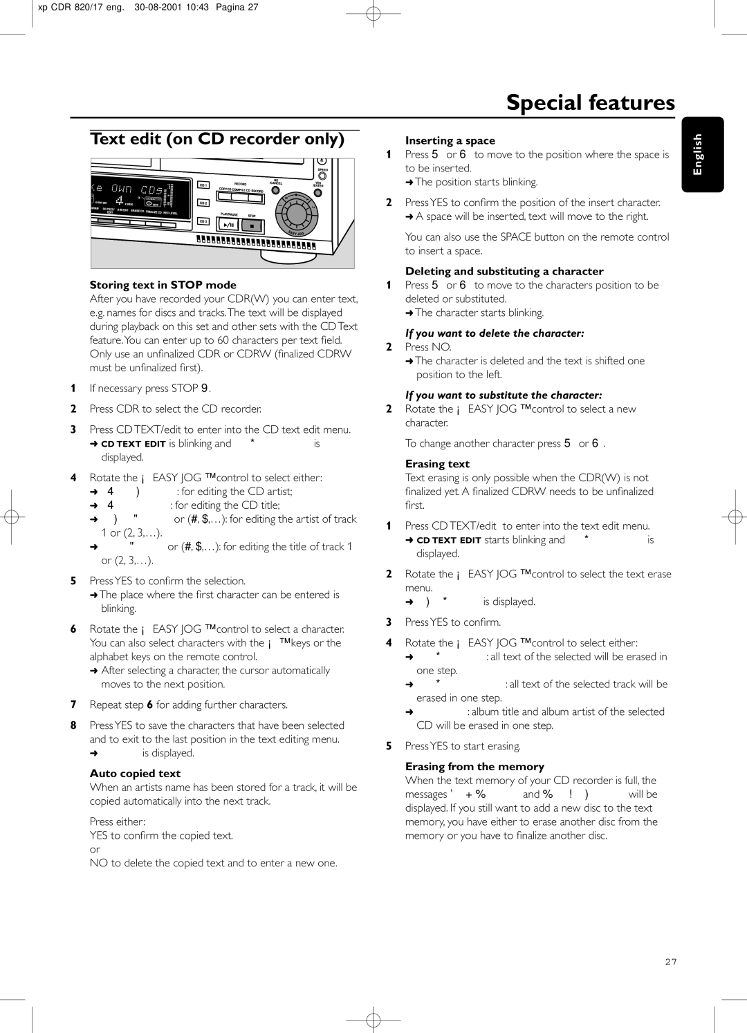 Philips CDR820/17 manual Special features, Text edit on CD recorder only, If you want to delete the character 