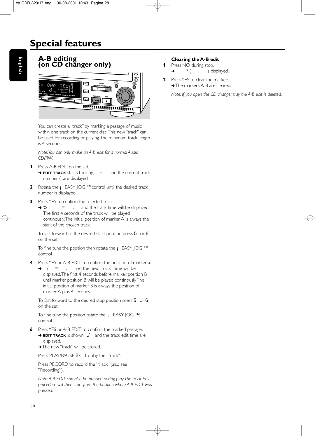 Philips CDR820/17 manual Editing, On CD changer only, Clearing the A-B edit 