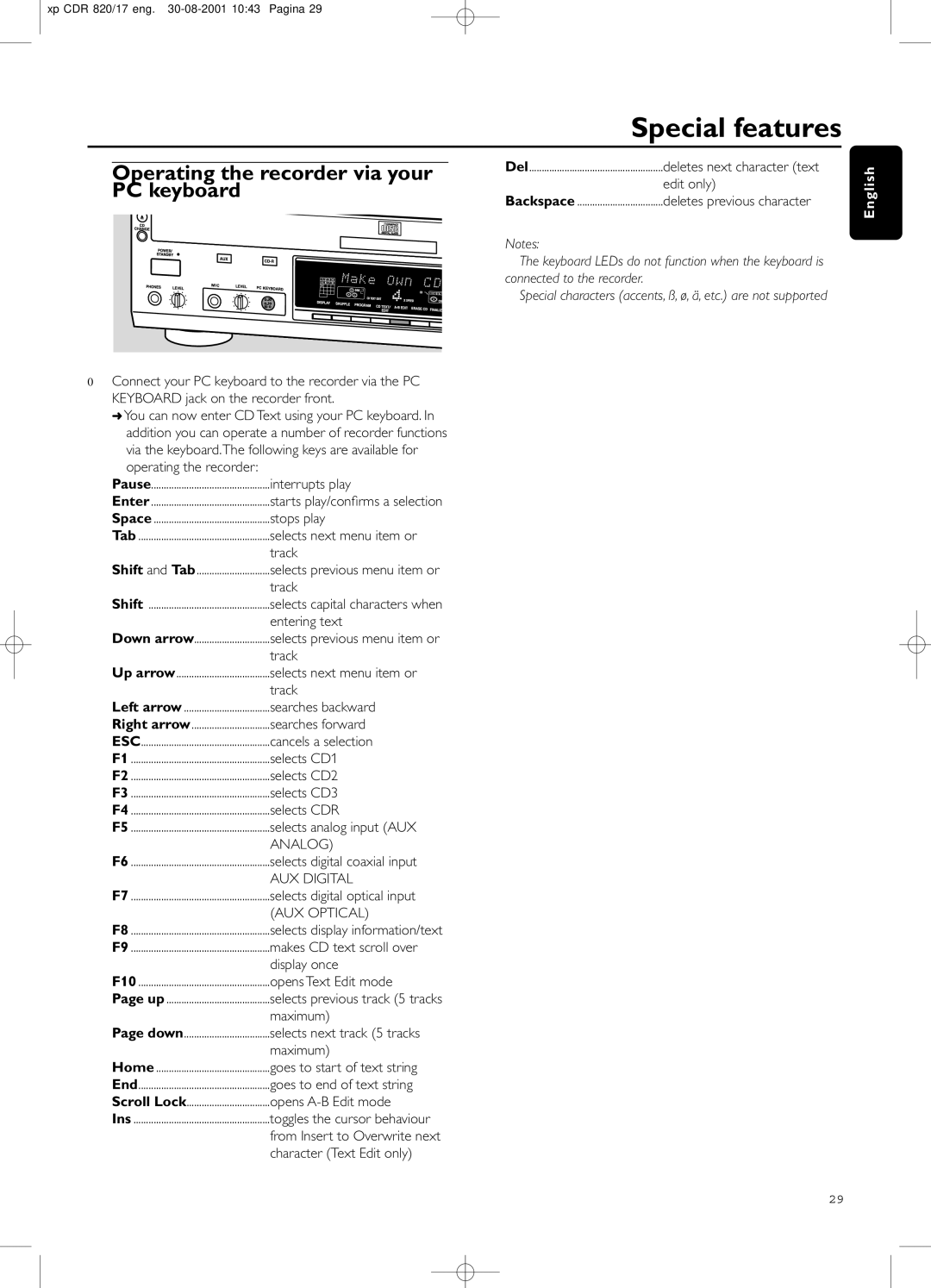 Philips CDR820/17 manual Operating the recorder via your PC keyboard, Edit only 