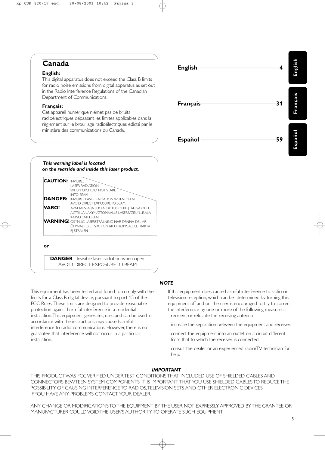 Philips CDR820/17 manual Canada, English, Français 