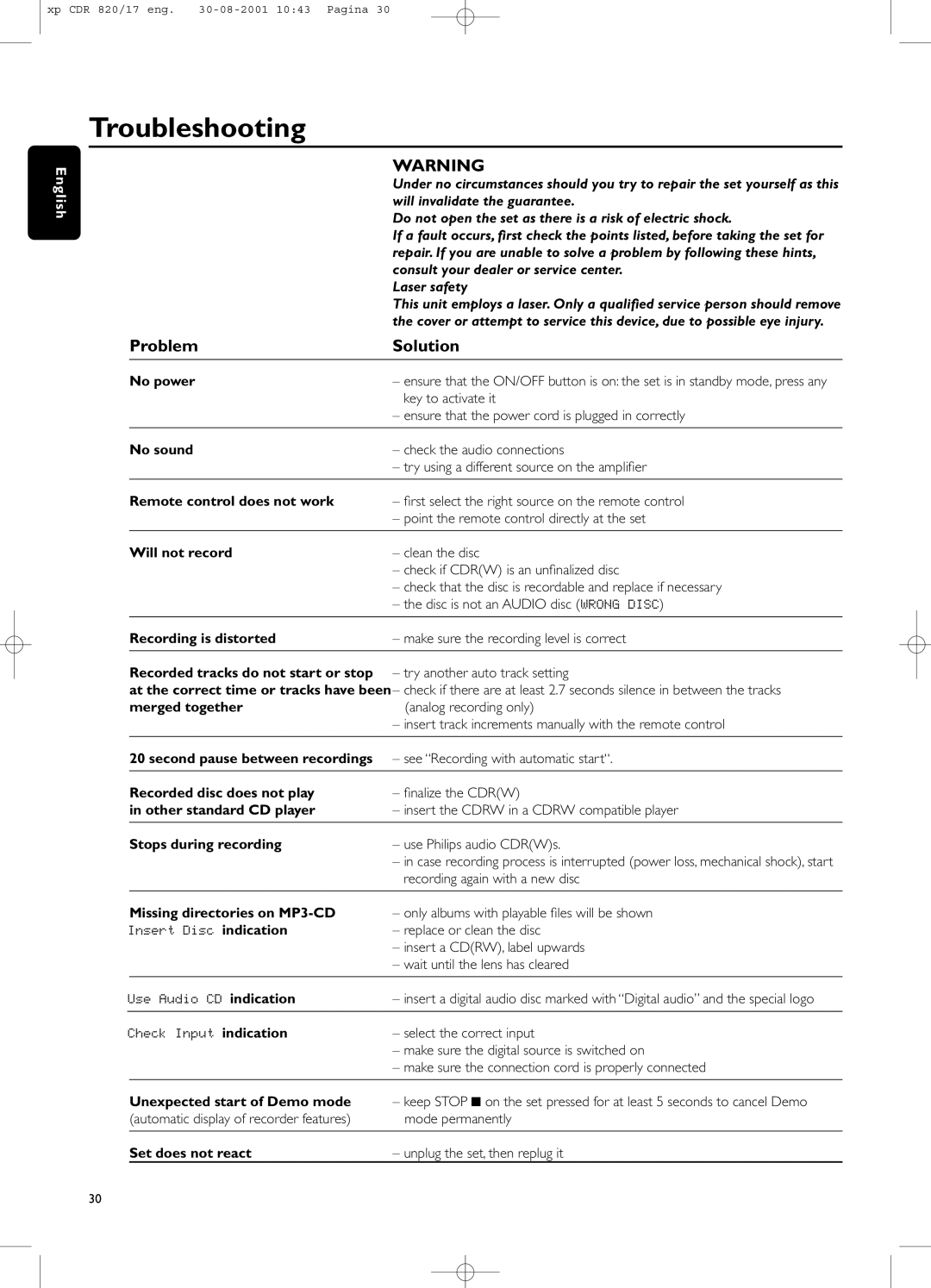 Philips CDR820/17 manual Troubleshooting 