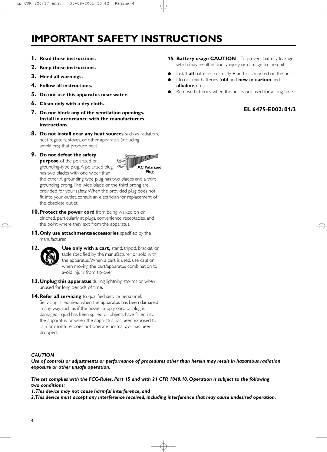 Philips CDR820/17 manual Important Safety Instructions 