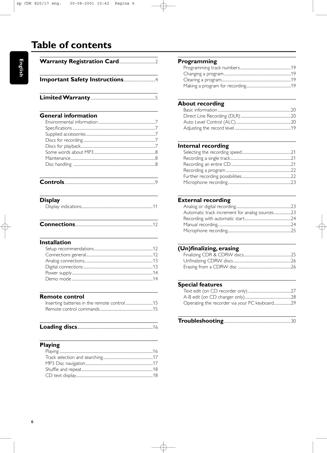 Philips CDR820/17 manual Table of contents 