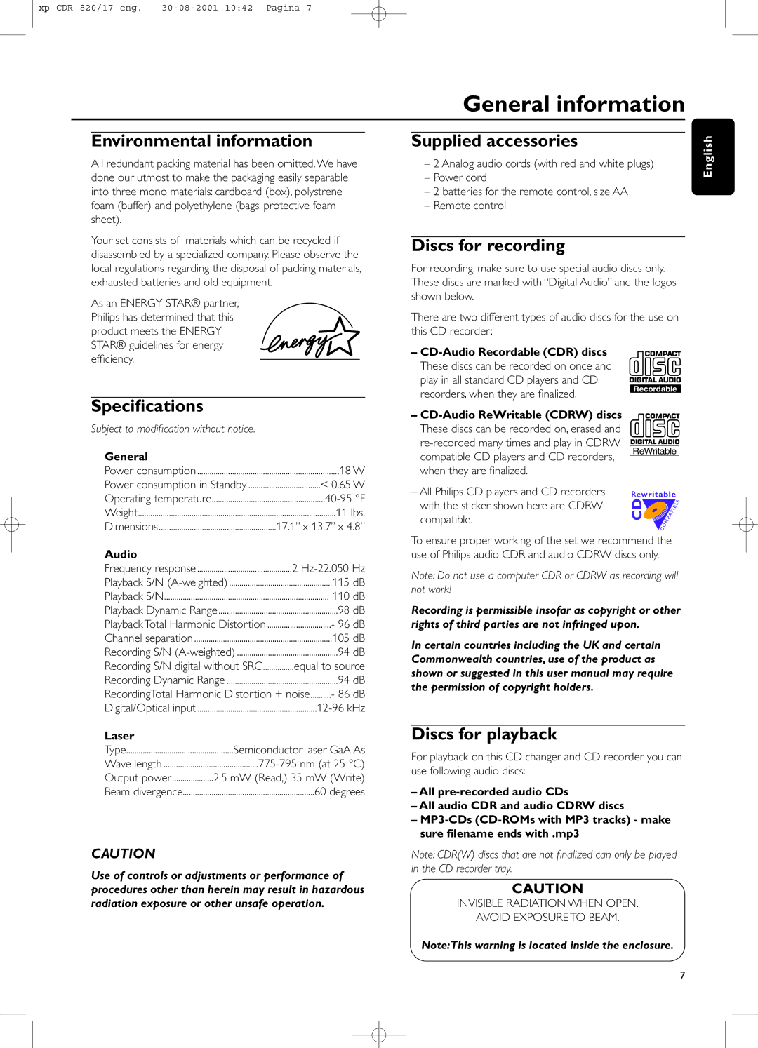 Philips CDR820/17 manual General information 