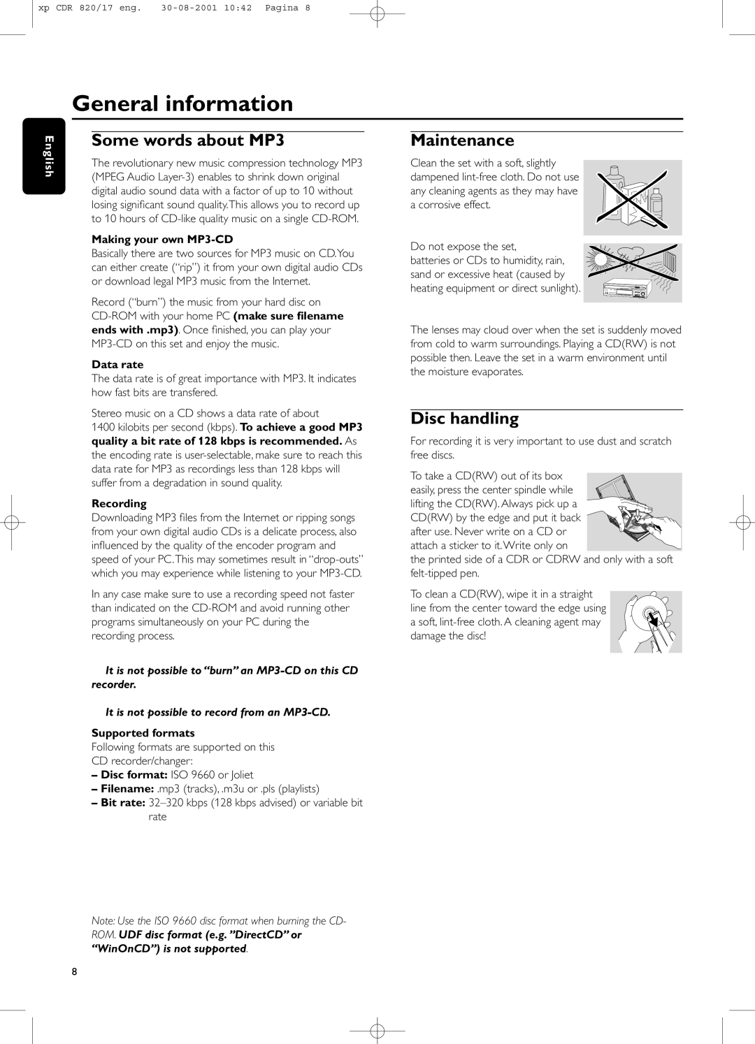 Philips CDR820/17 manual Some words about MP3, Maintenance, Disc handling 