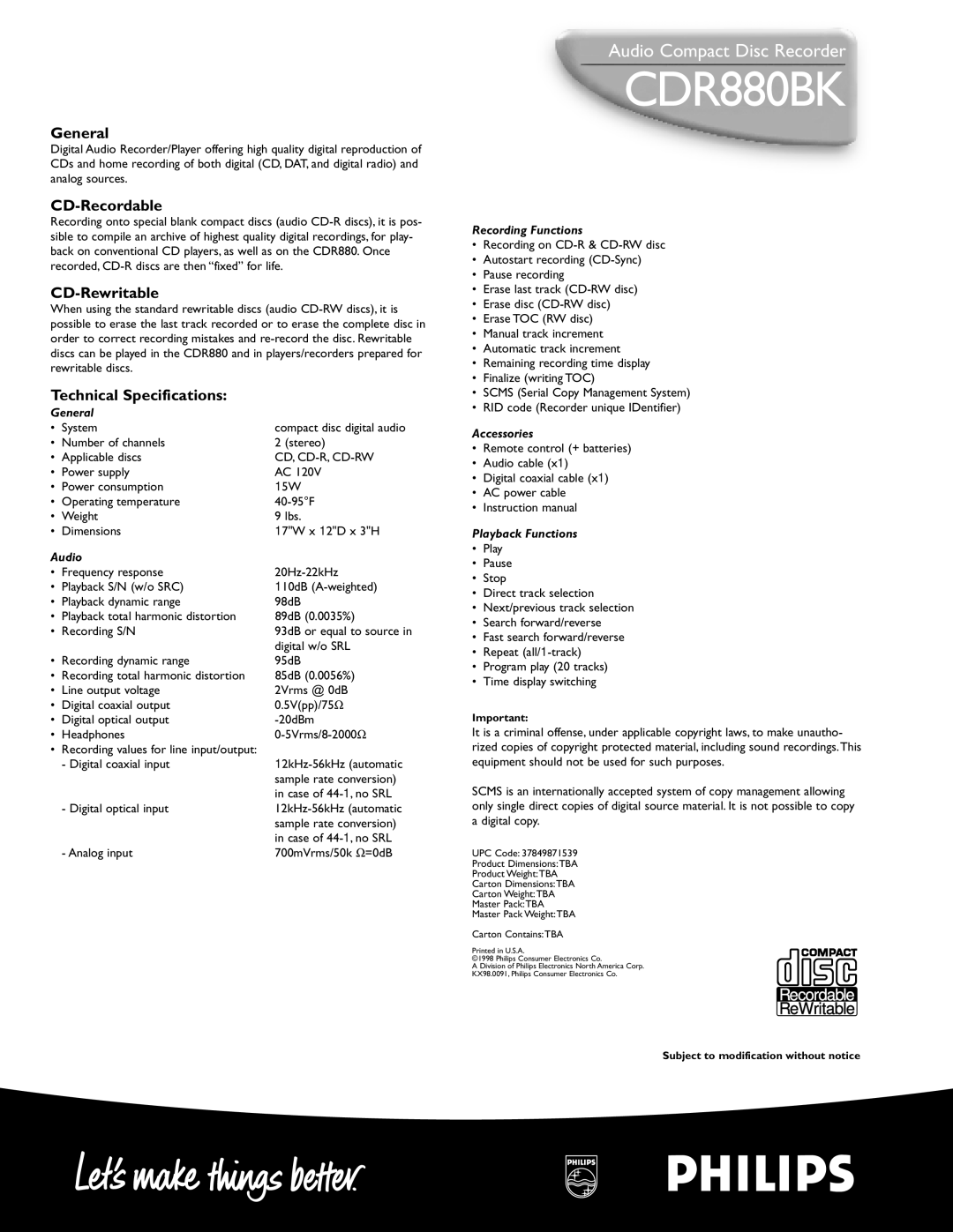 Philips CDR880BK manual General, CD-Recordable, CD-Rewritable, Technical Specifications 