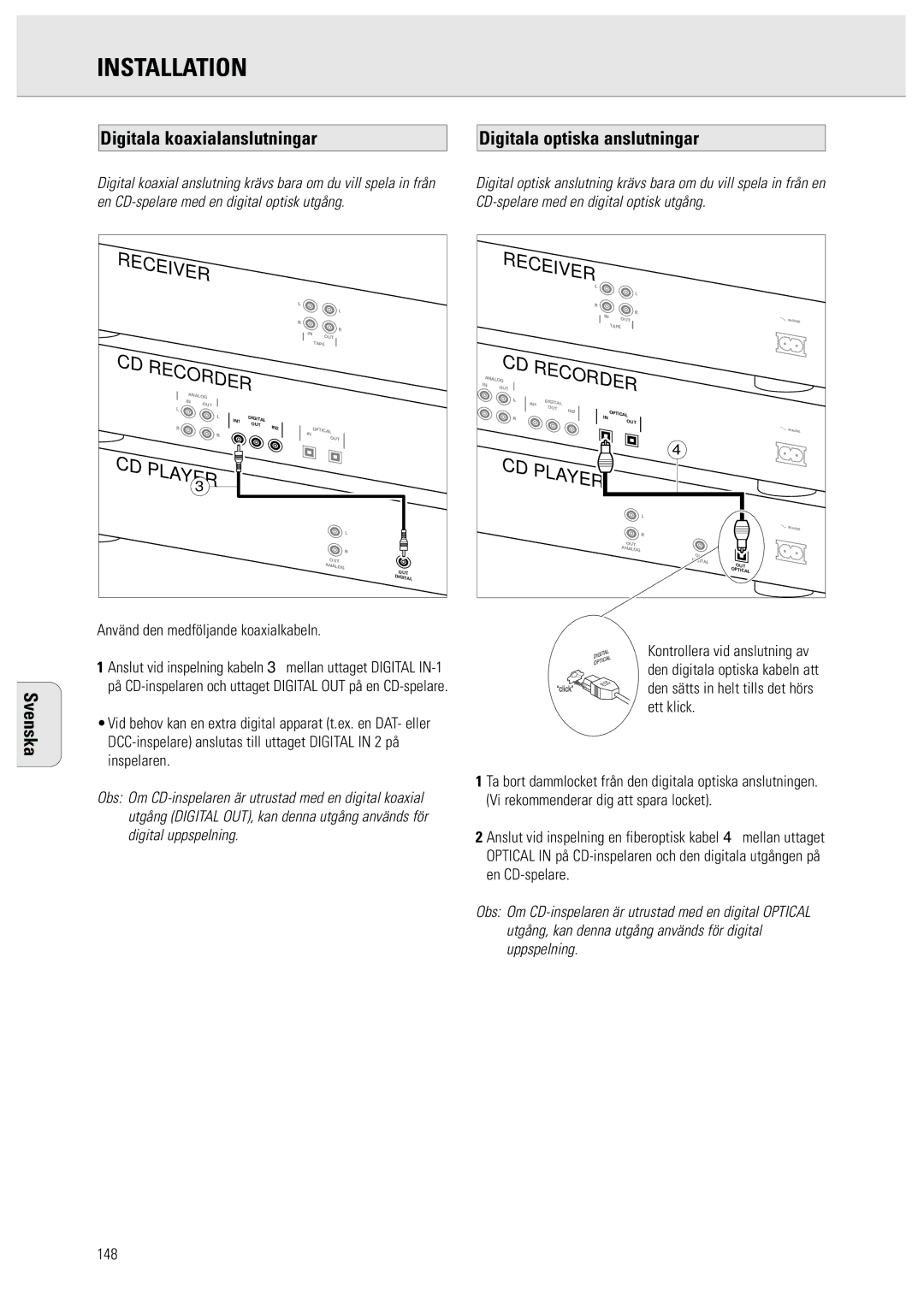 Philips CDR950/951 manual En CD-spelare med en digital optisk utgång, Använd den medföljande koaxialkabeln, 148 