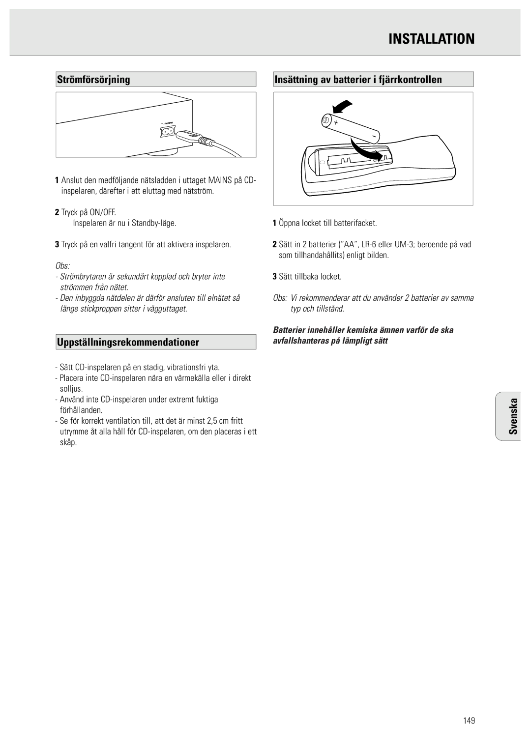 Philips CDR950/951 manual Strömförsörjning Insättning av batterier i fjärrkontrollen, Uppställningsrekommendationer, 149 