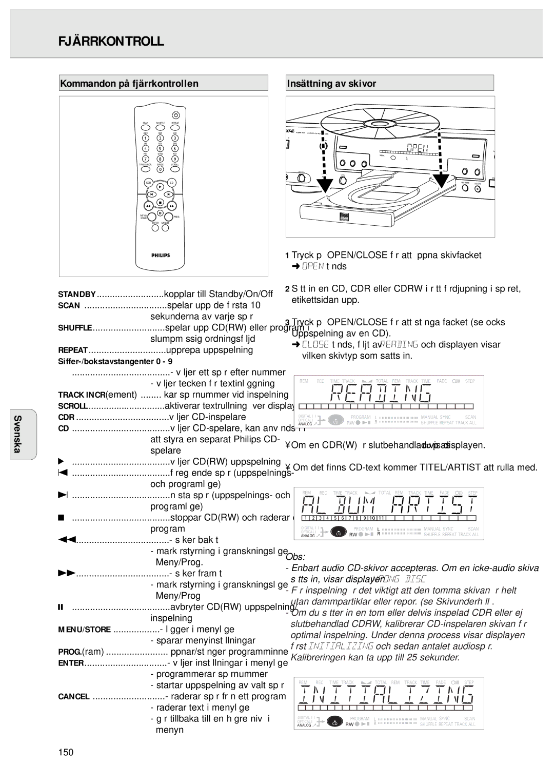 Philips CDR950/951 manual Fjärrkontroll, Kommandon på fjärrkontrollen, Insättning av skivor, Menu/Store 