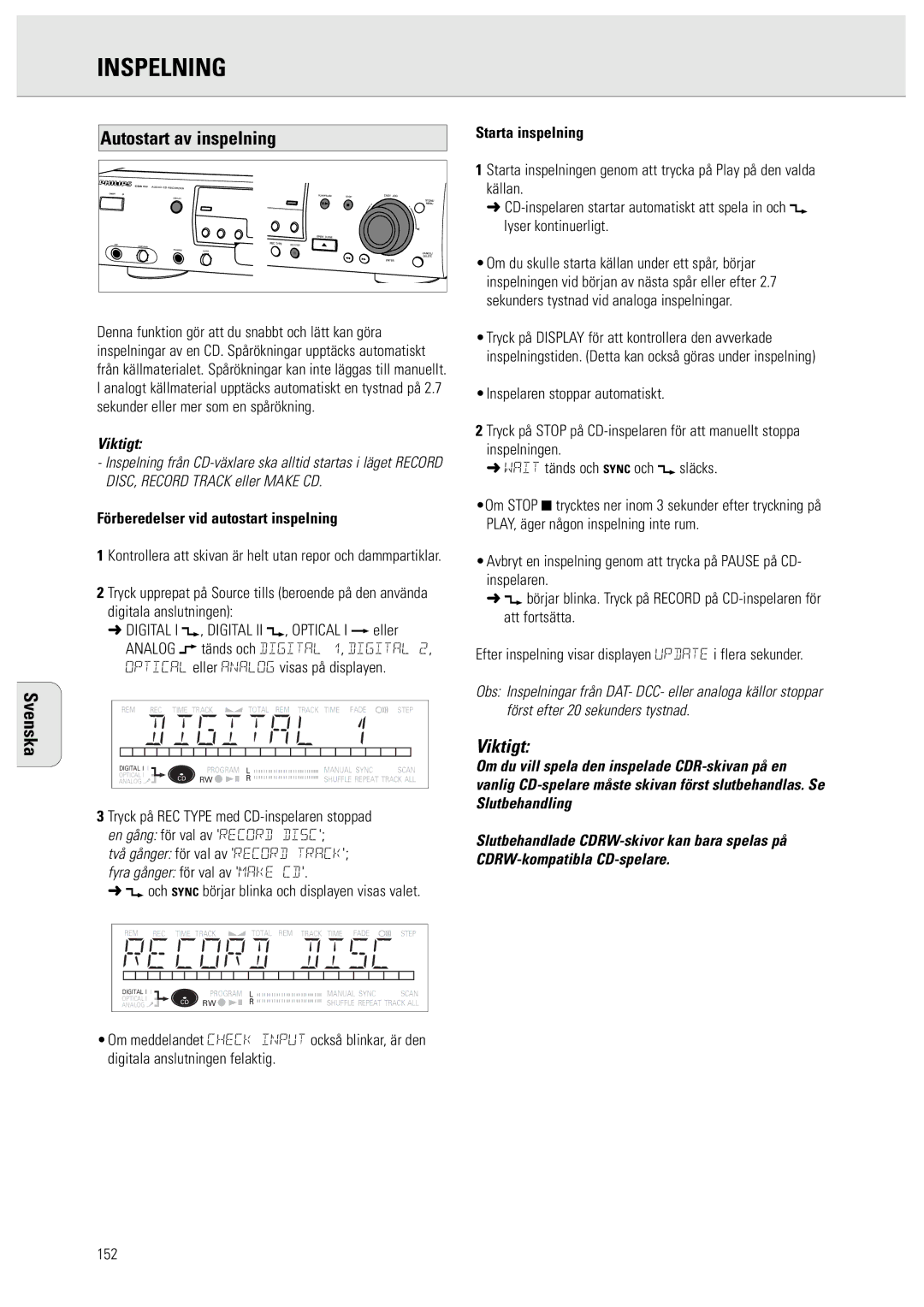 Philips CDR950/951 manual Autostart av inspelning, Förberedelser vid autostart inspelning 