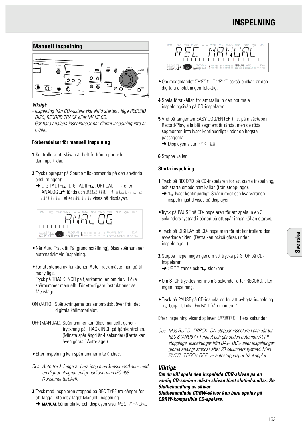 Philips CDR950/951 Manuell inspelning, Förberedelser för manuell inspelning, Efter inspelning kan spårnummer inte ändras 